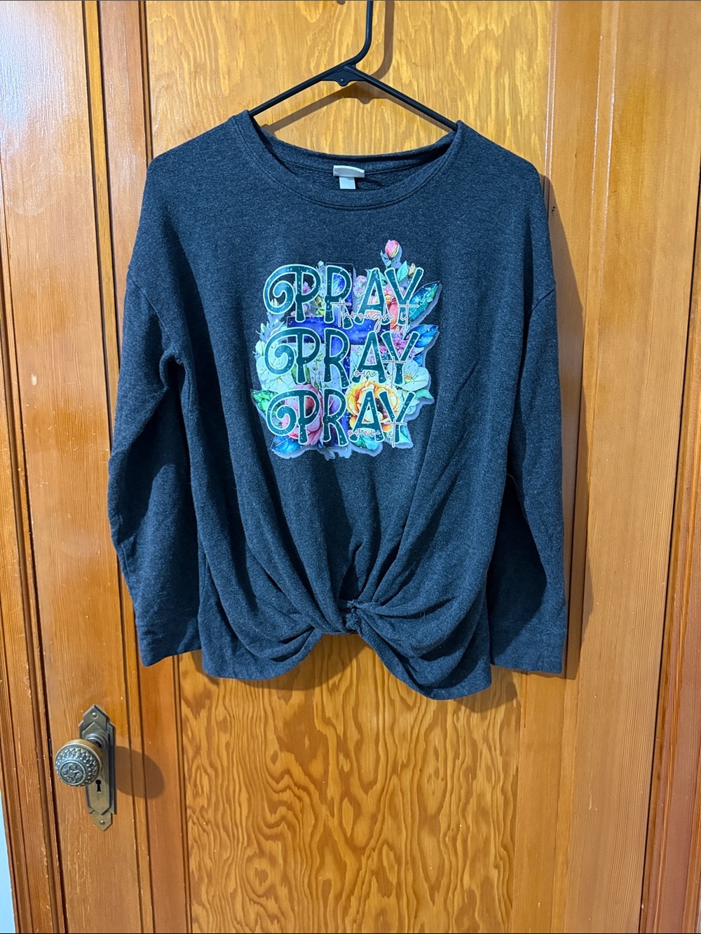 A new day women’s' Dark Gray 'Pray' Graphic Knot-Front Long Sleeve Top